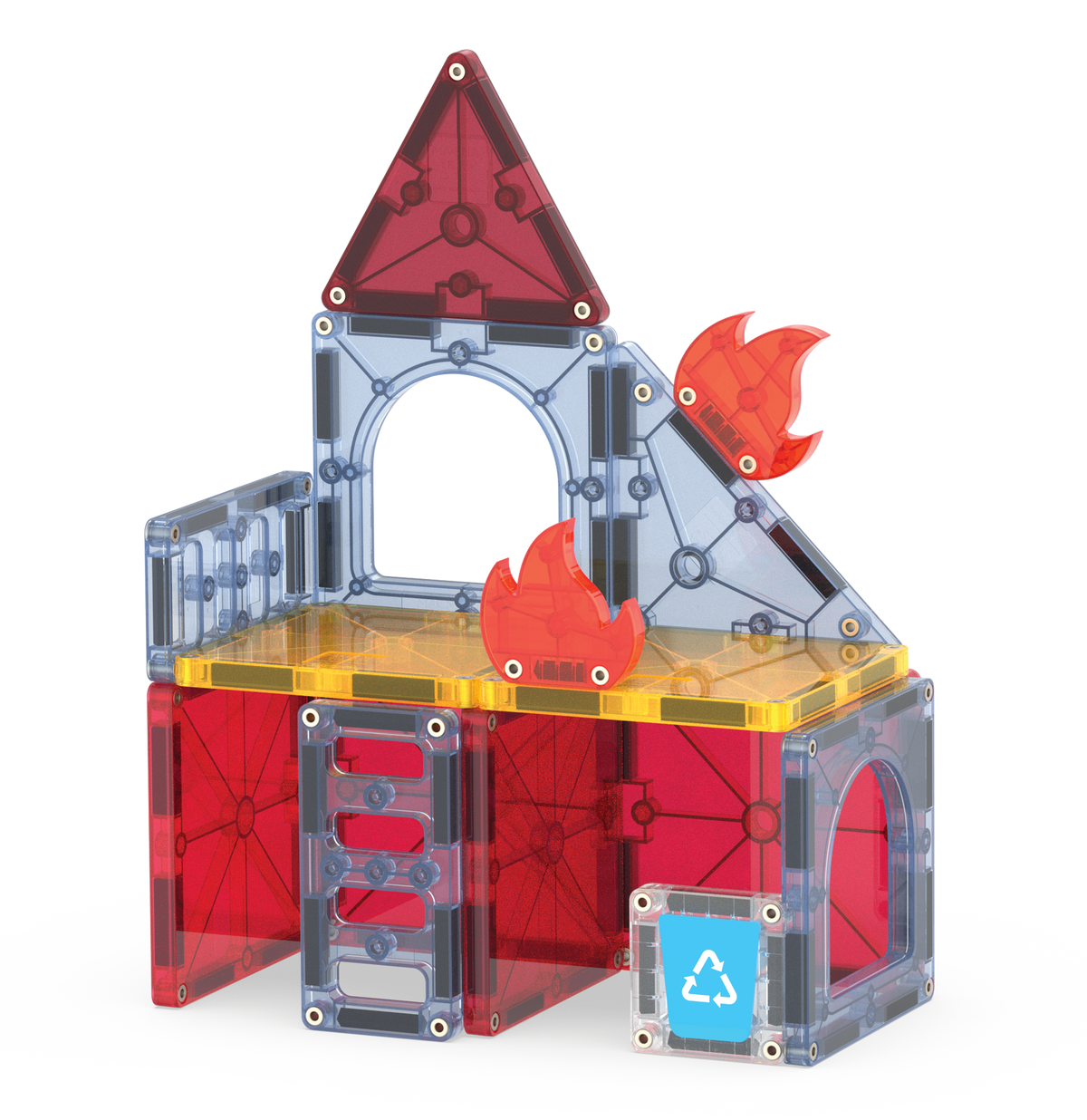 Toy building set with red, blue, and clear pieces on a white background