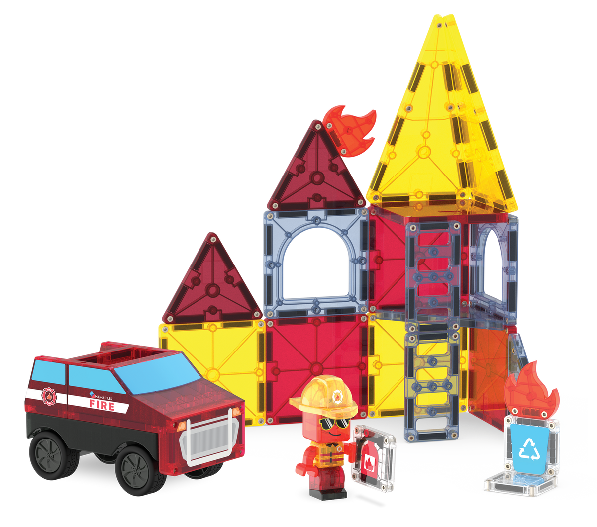 Toy fire station set with building blocks, a fire truck, and a firefighter figure on a white background