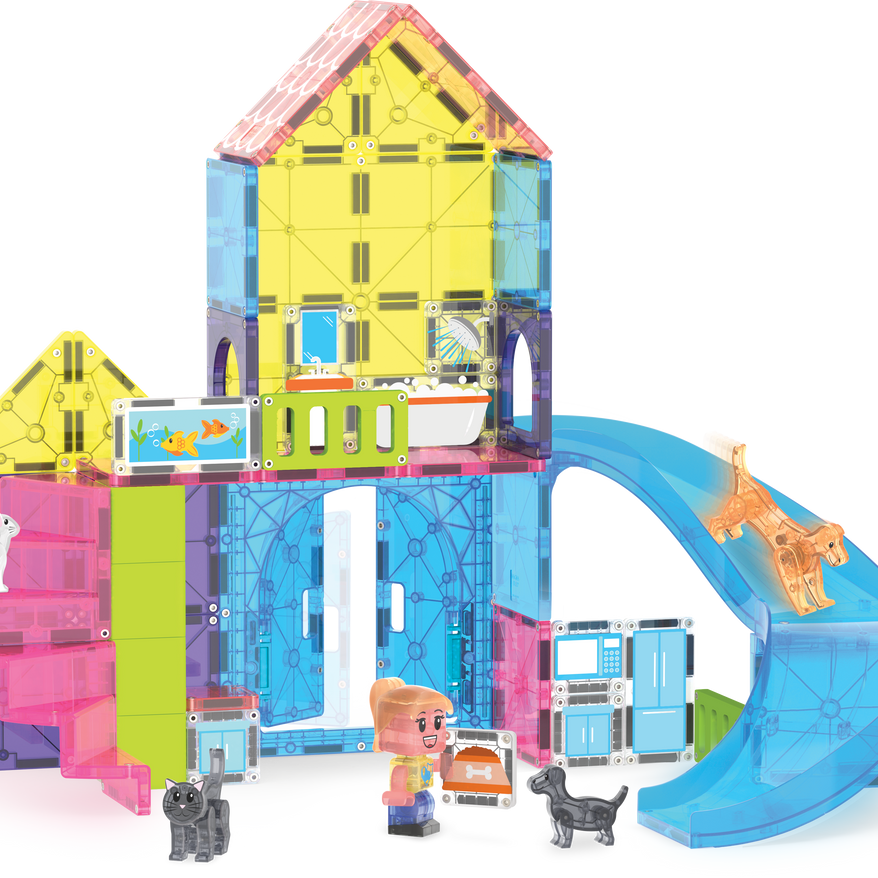 Colorful toy building set with a slide and characters on a white background