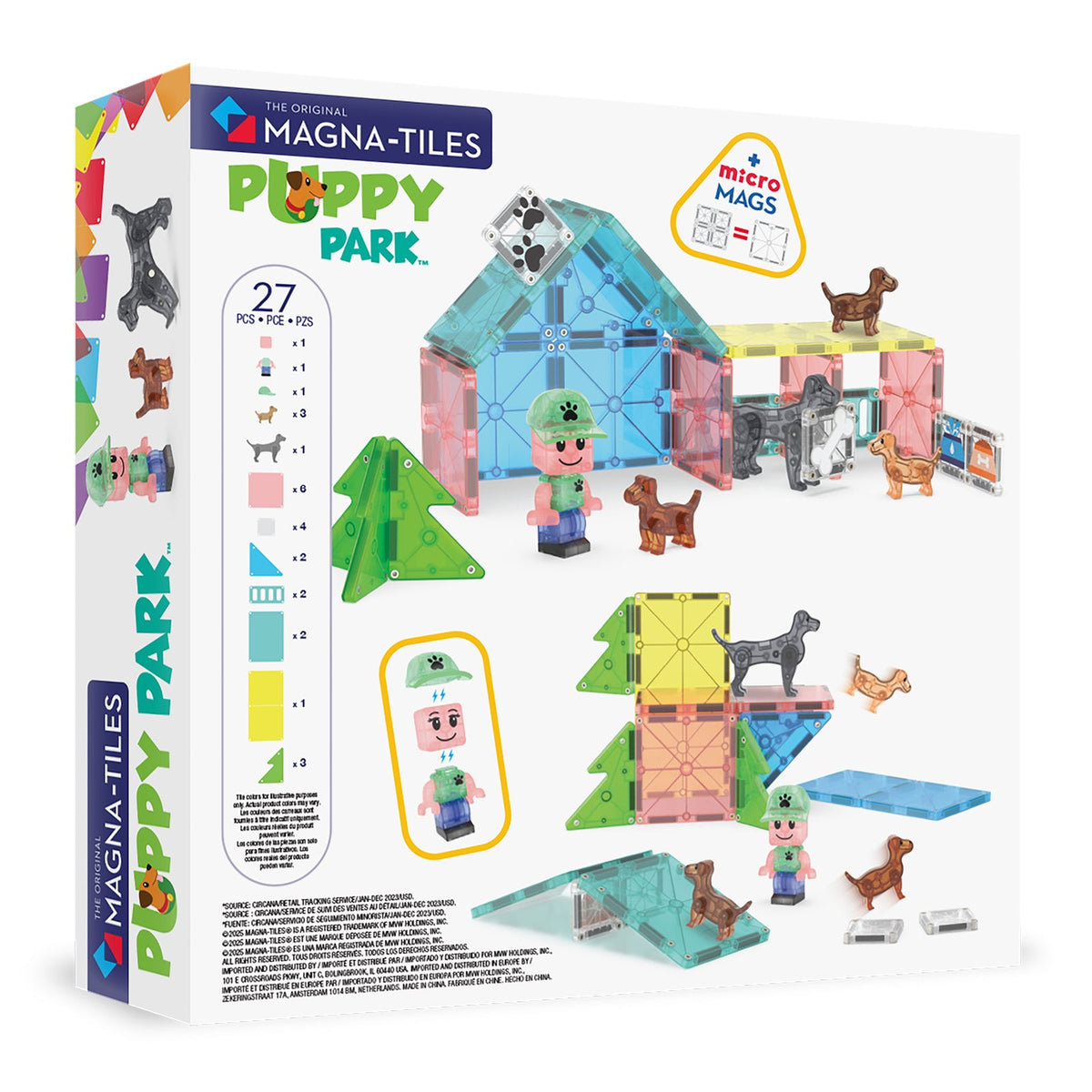 Magna-Tiles Puppy Park toy set packaging with toy figures and structures on a white background