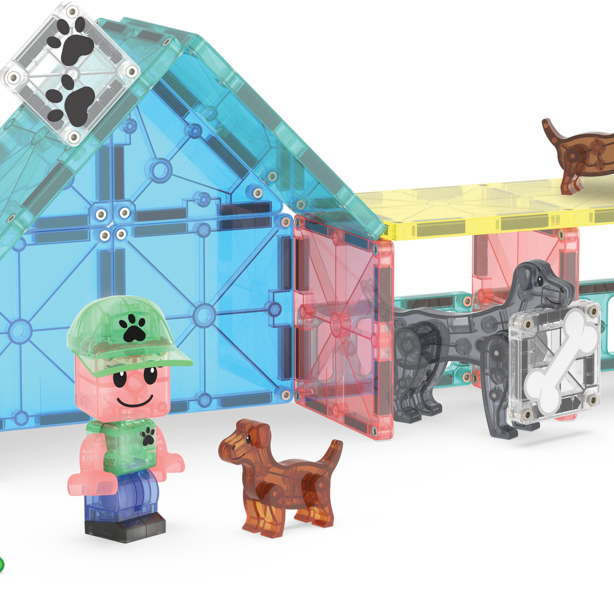 Toy building set with transparent blocks, figures, and small dog toys on a white background