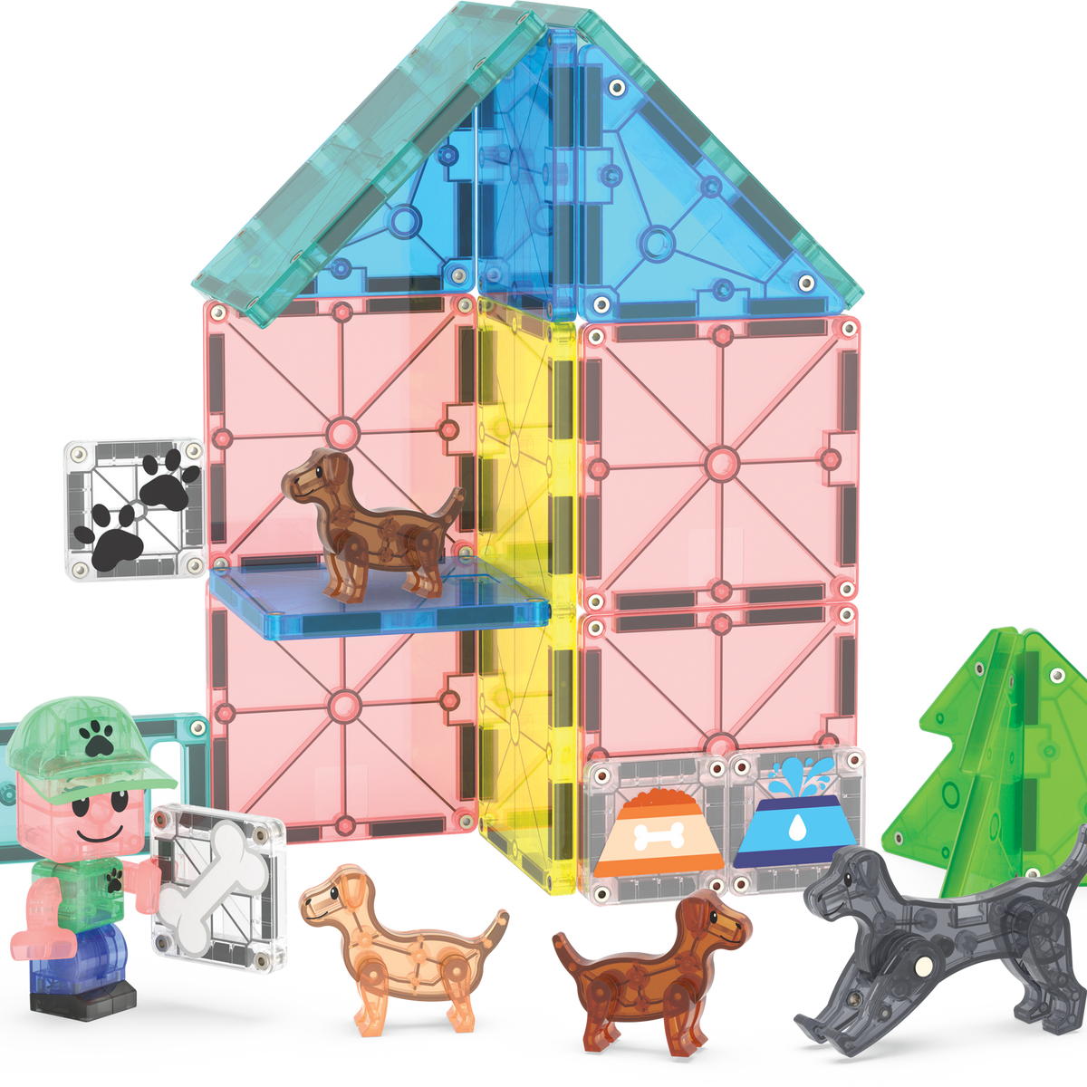 Toy set with a house-like structure, figures, and animals on a white background