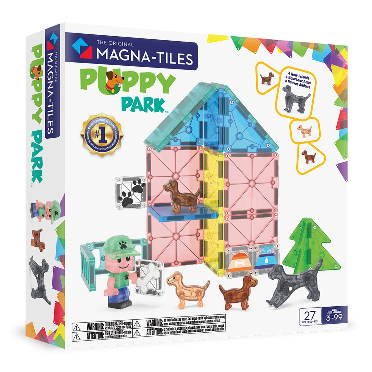 The Original Magna-Tiles Puppy Park toy set in its retail packaging, featuring a colorful box with a graphic of a doghouse built from blue and pink tiles, along with toy dog figures and accessories.