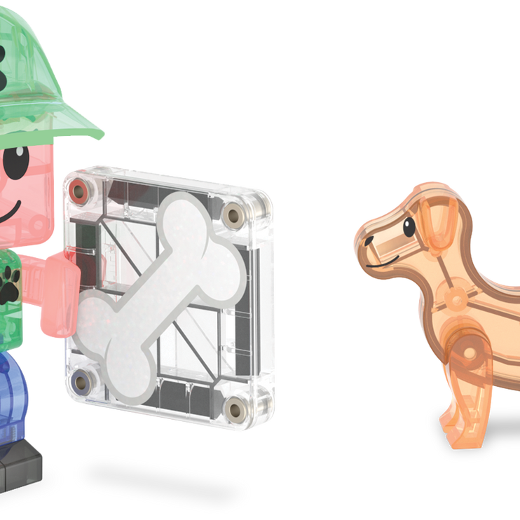 Toy figure with a transparent machine part and a small dog-like figure on a white background
