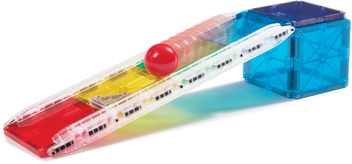 Toy train set with colorful track and red ball on a white background