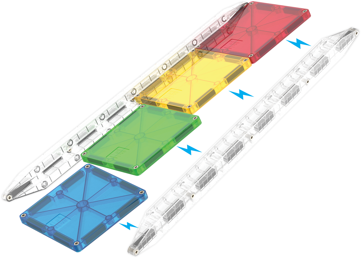 Colorful magnetic building tiles on a white background