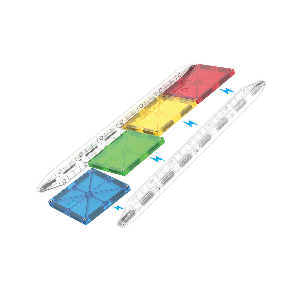Four colorful magnetic squares (blue, green, yellow, and red) are connected in a row, flanked by two clear rail pieces with lightning bolt alignment icons on a white background.