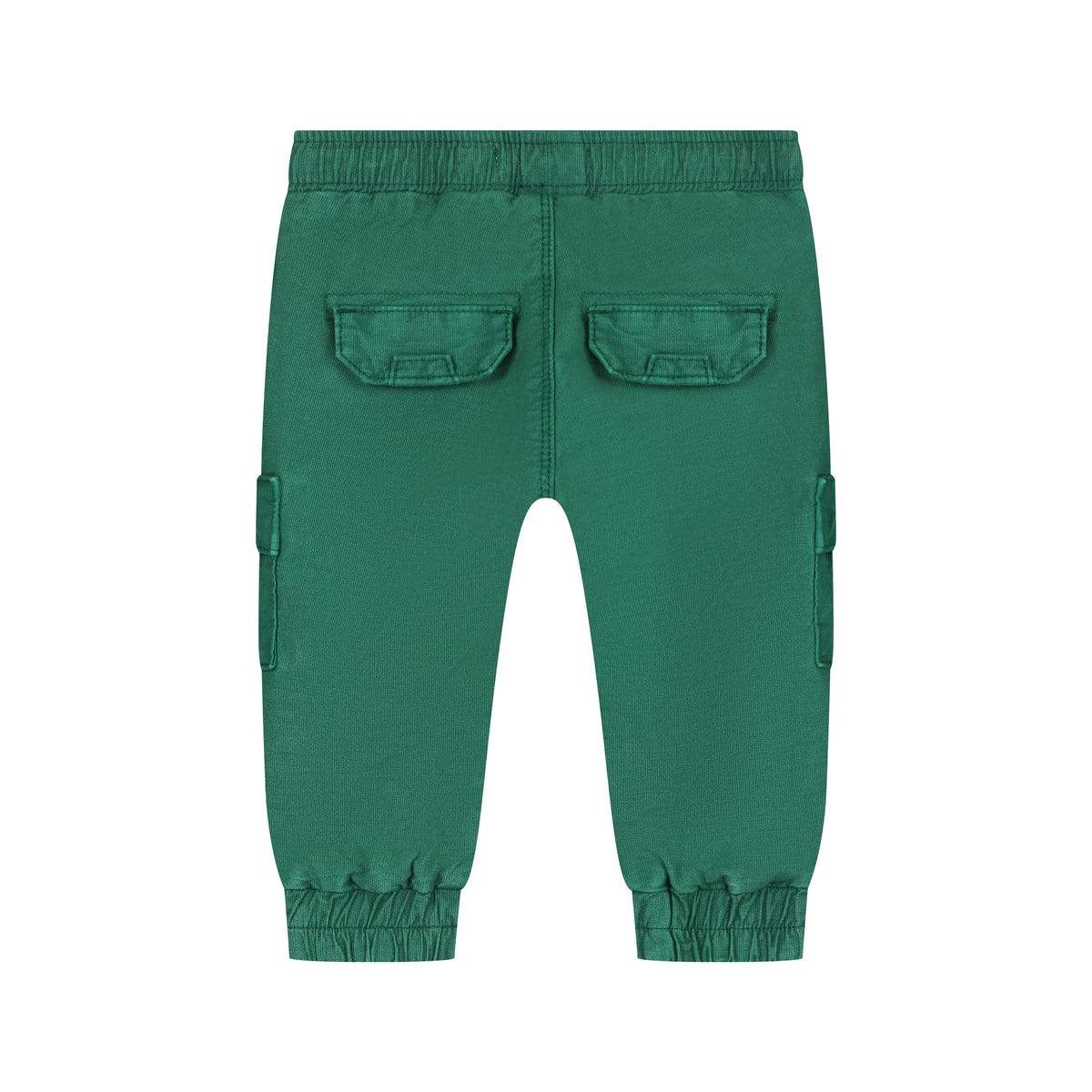 Green cargo pants for toddlers, shown from the back with elastic waistband, two flap pockets, and elastic cuffs.