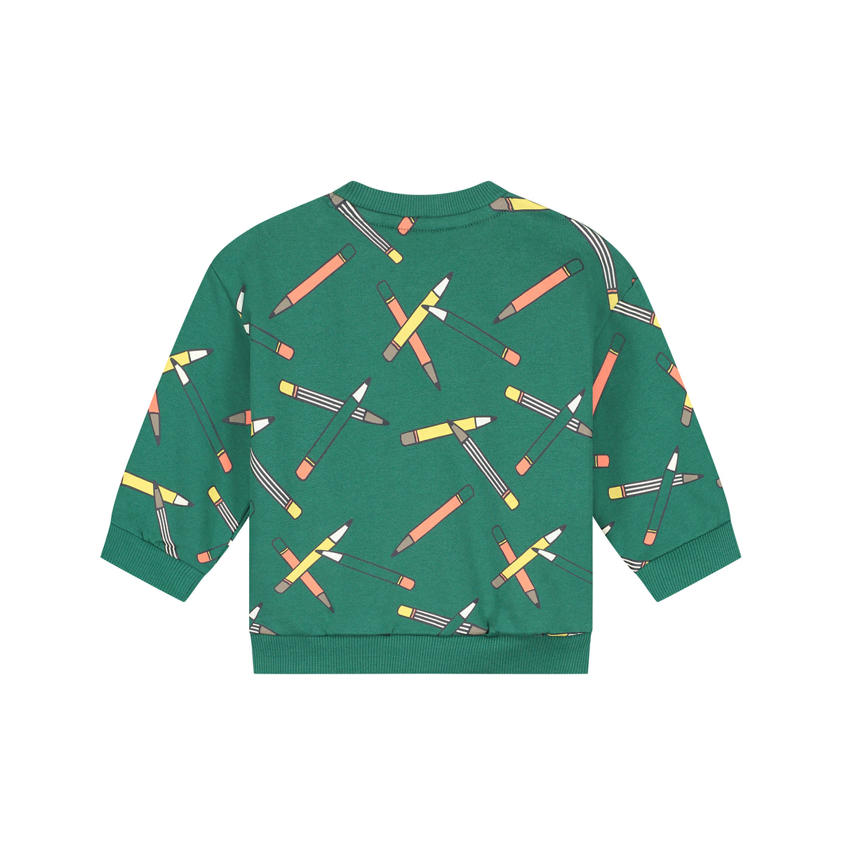 A green long-sleeve sweatshirt with an all-over print of crossed pencils in orange, yellow, and white, shown flat against a solid white background.