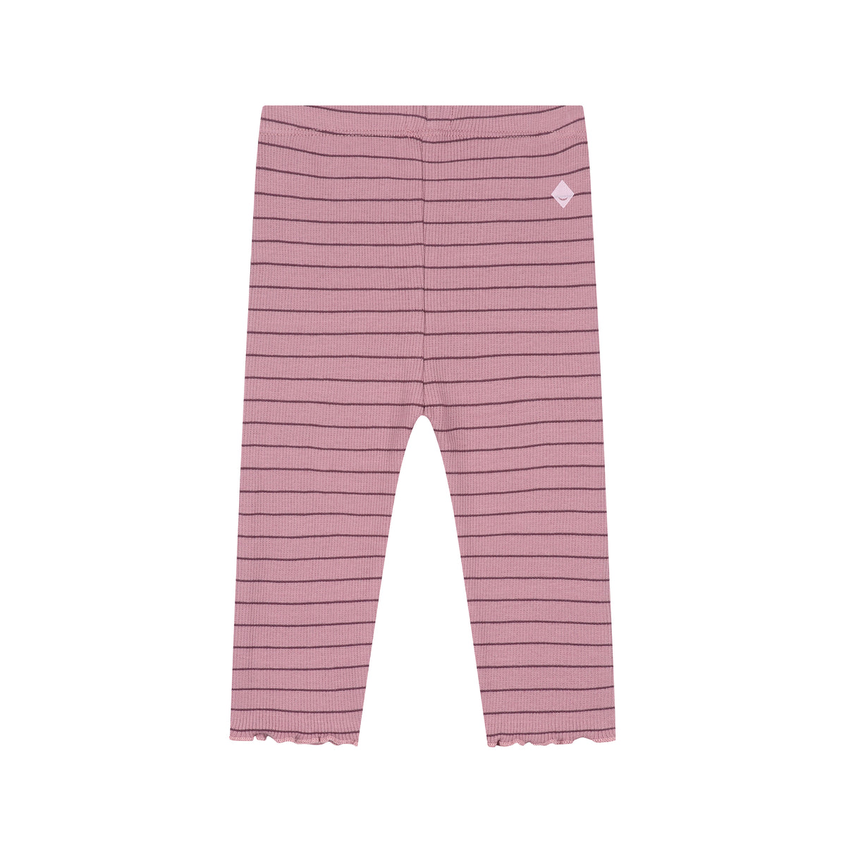 Pink ribbed knit leggings with thin dark horizontal stripes and a small white diamond-shaped logo patch on the upper right hip, shown flat against a white background.