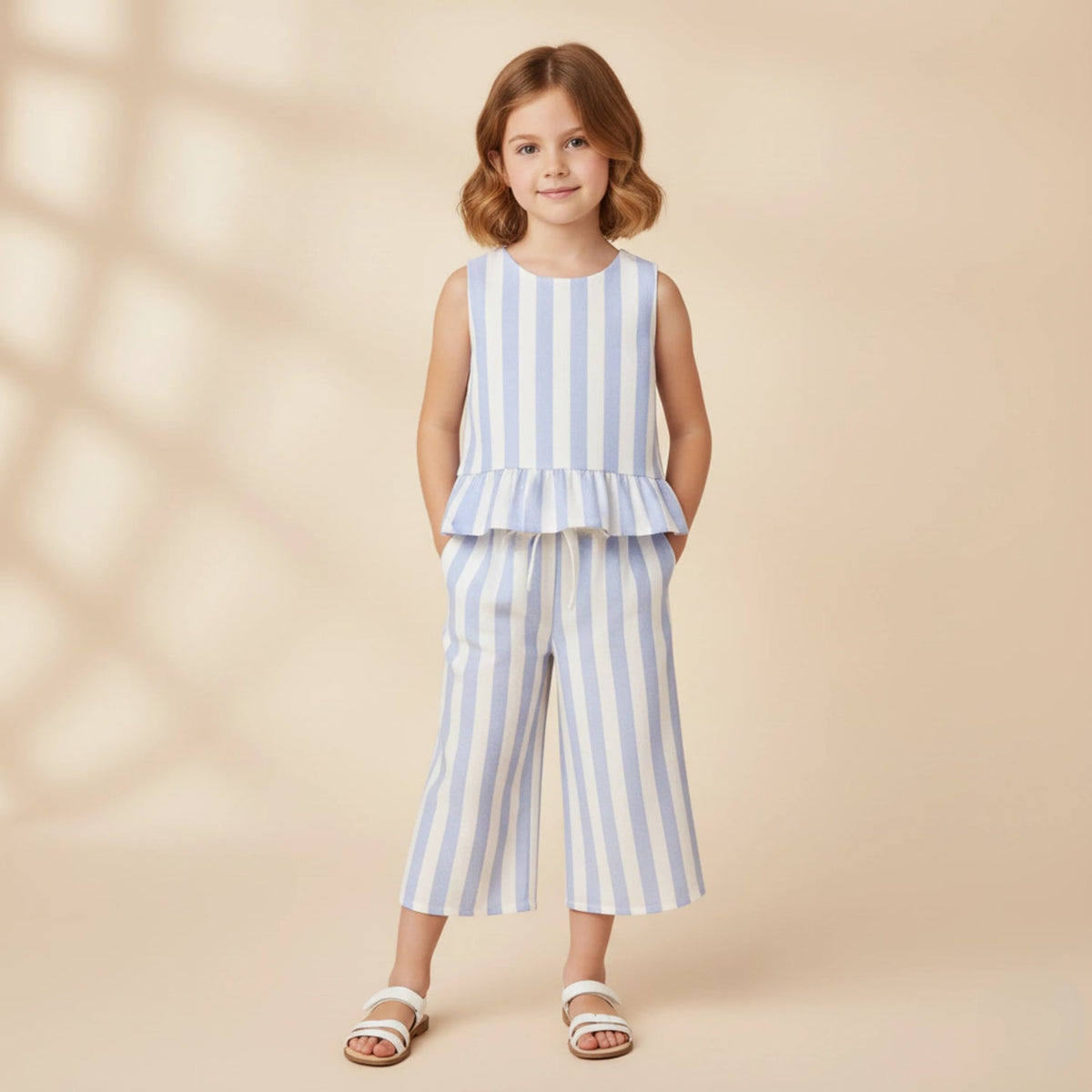 Young girl wearing a blue and white striped outfit on a beige background