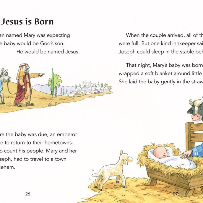Illustrated page from a children's book about the birth of Jesus, featuring Mary, Joseph, and baby Jesus in a stable.