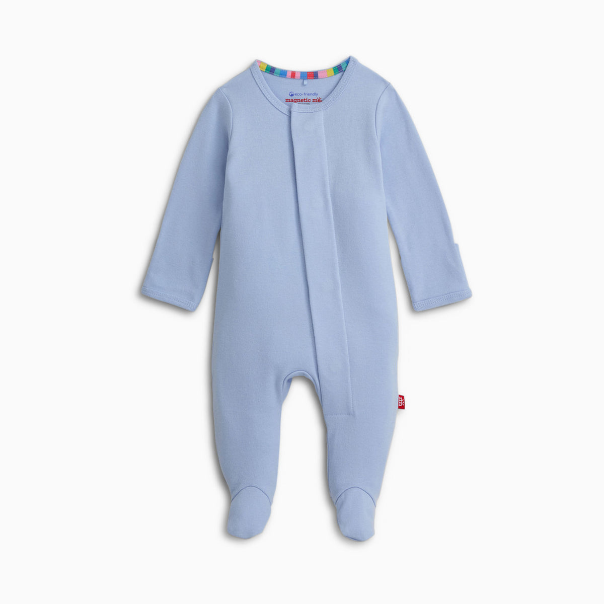 A light blue long-sleeve baby footed sleeper with a snap closure at the neck, shown against a plain white background.
