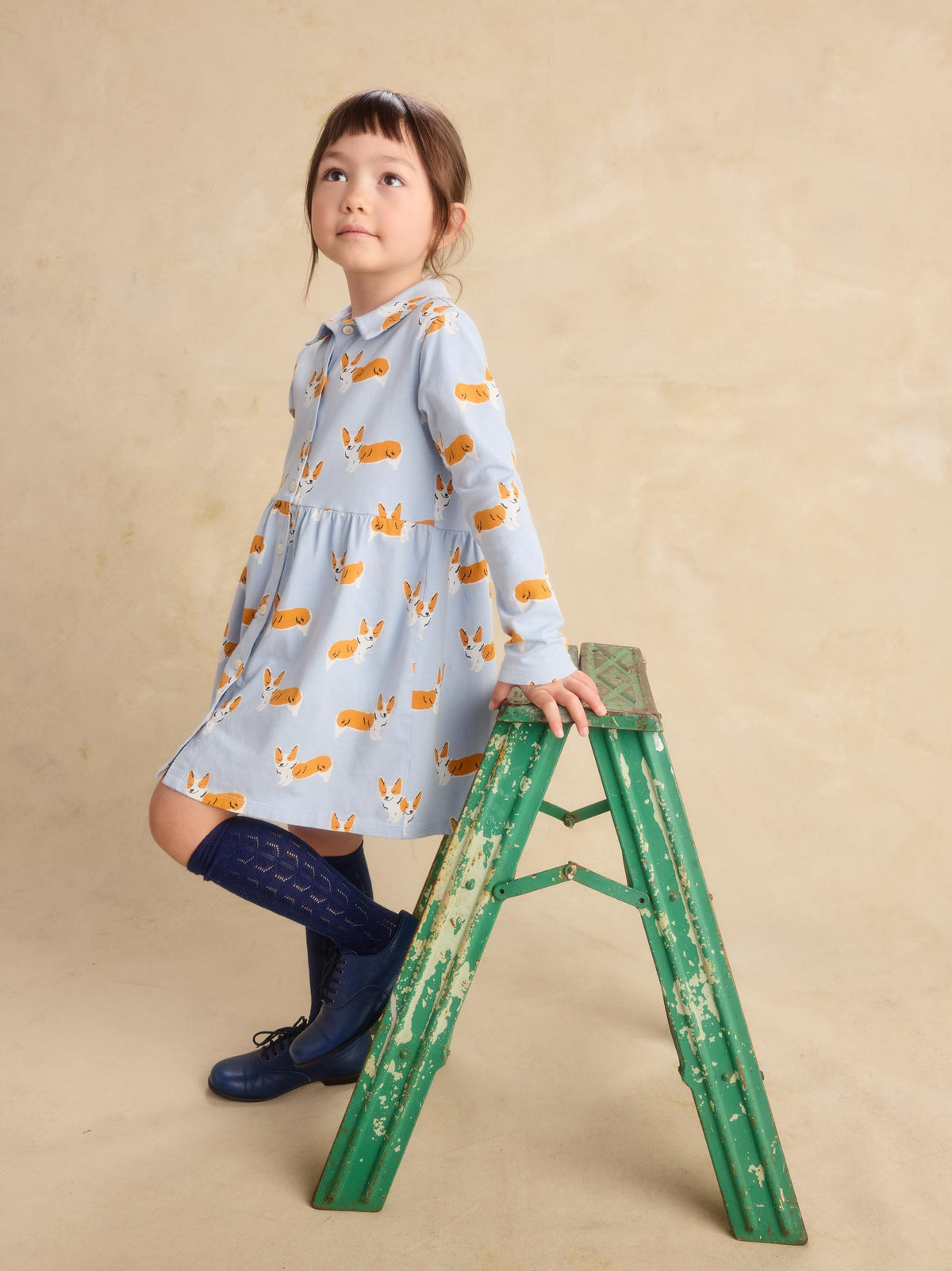 A young girl wearing a light blue long-sleeve dress with a yellow and white rabbit print, navy blue knee-high socks, and navy boots, posing on a green wooden step ladder against a textured beige studio backdrop.