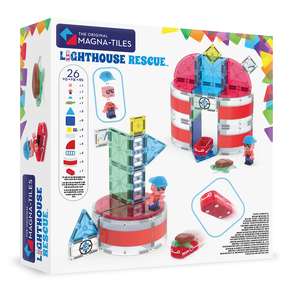 Product packaging for the Magna-Tiles Lighthouse Rescue 26-Piece Set, showing a green-and-white striped tower structure, a built lighthouse, a rescue raft with a character figurine, a sea turtle figure, and colorful magnetic tiles against a white background.