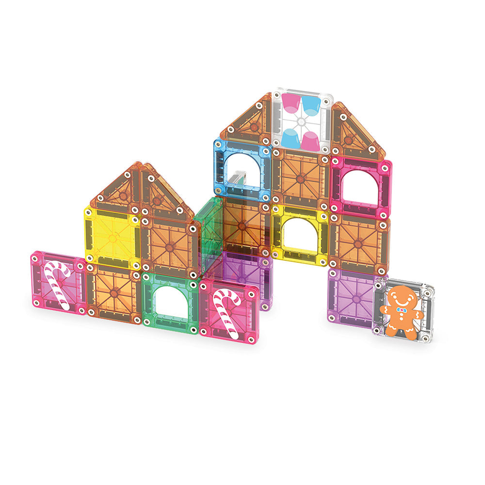 A set of colorful magnetic building blocks arranged to form house-shaped structures on a plain white background.