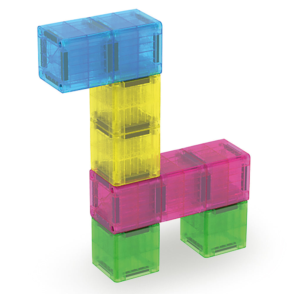 Stack of colorful transparent building blocks on a white background