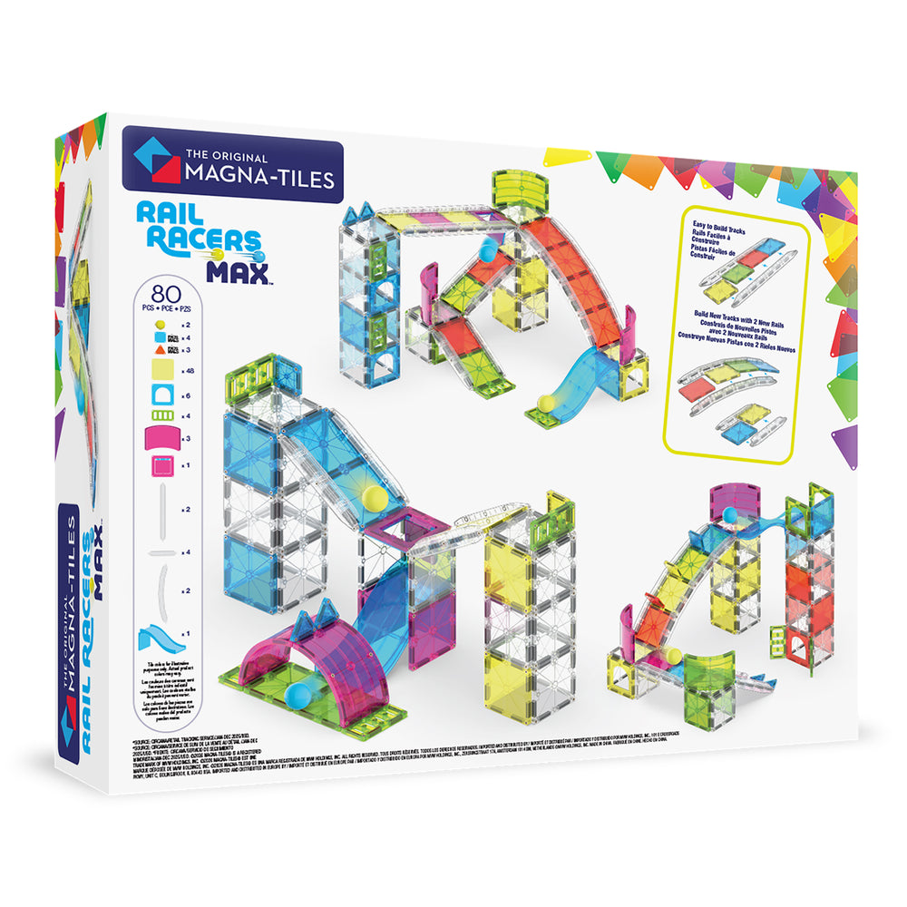 Magna-Tiles Rail Racers Max toy set packaging with colorful tracks and clear blocks.