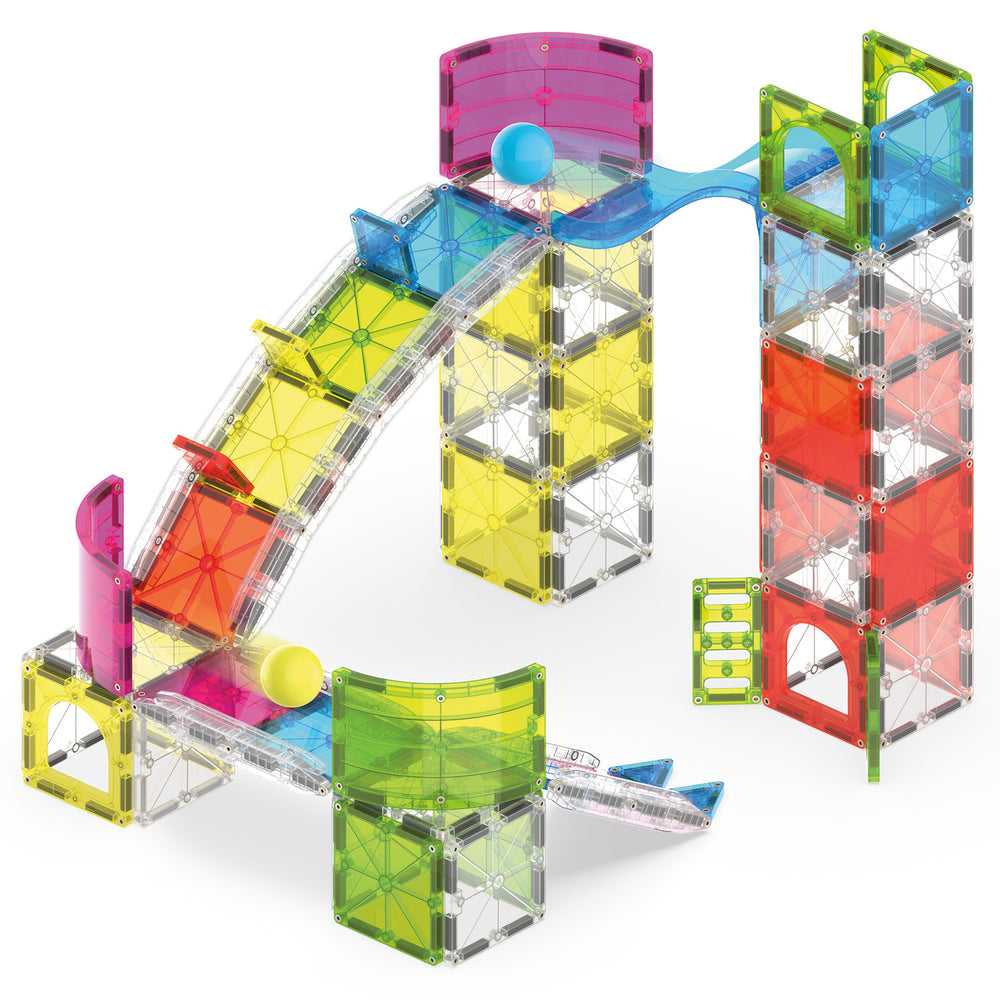 The Original Magna-Tiles Rail Racers Max toy set box, featuring a colorful illustration of the magnetic track on a white background.