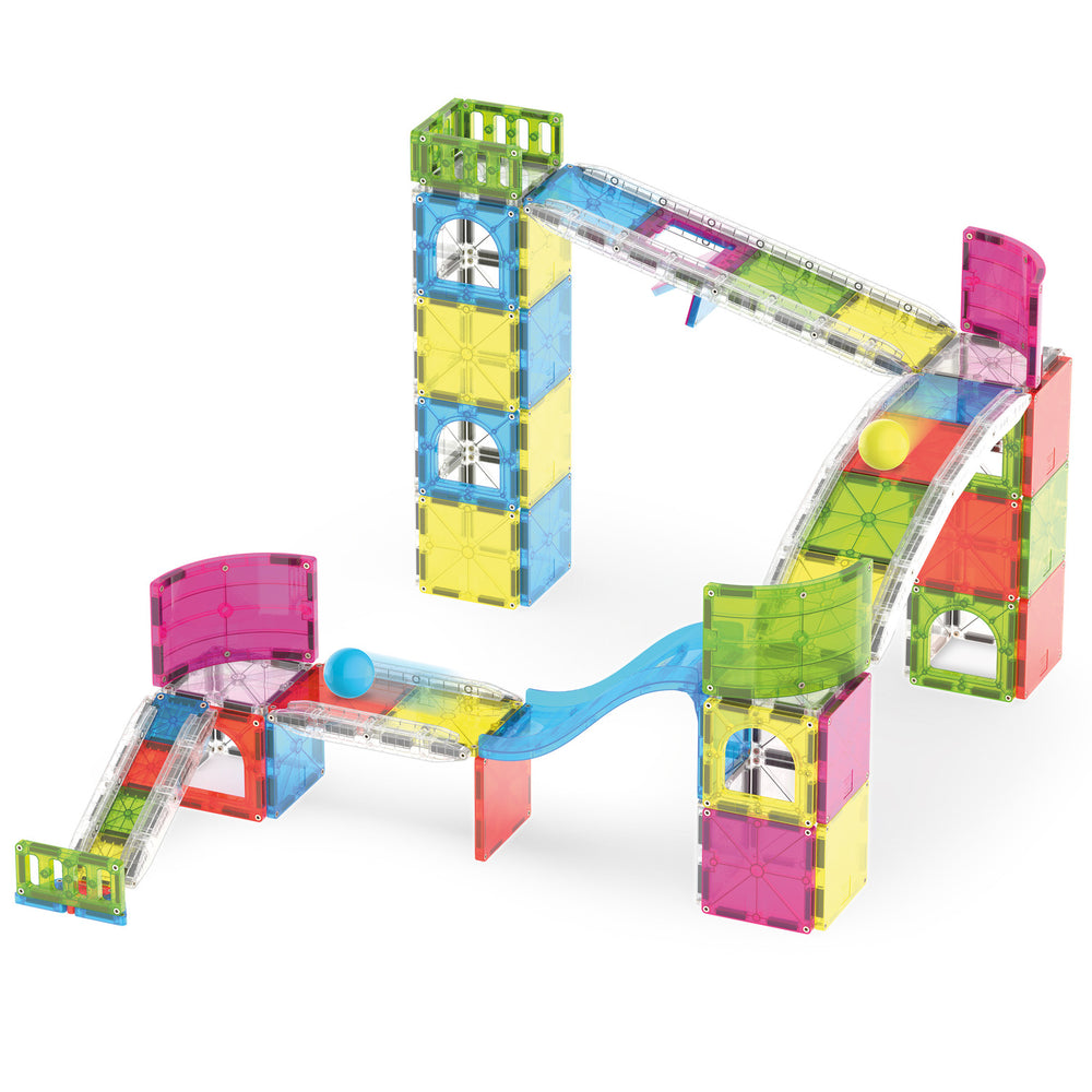The Original Magna-Tiles Rail Racers Max toy set box, featuring a colorful illustration of the magnetic track on a white background.