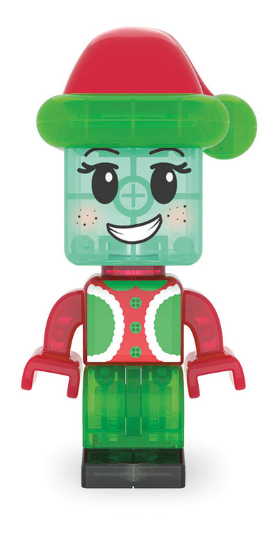 A festive Christmas elf toy minifigure with a translucent green head and face, red hat, green hat trim, red sleeves, and a green and red patterned torso, standing on a black base against a white background.