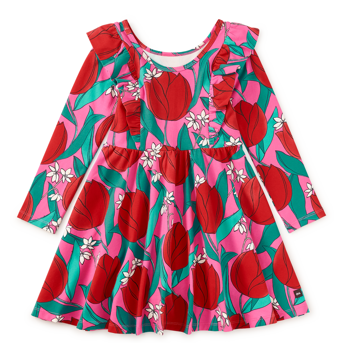 Ruffle Shoulder Ballet Dress - Tulip Twist in Pink by Tea Collection featuring long sleeves, a crew neckline, ruffled shoulder details, and an artist-drawn red tulip floral pattern over a pink background, shown isolated on a transparent background.