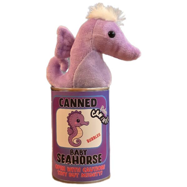Plush toy seahorse in a can labeled 'Canned Baby Seahorse' on a white background