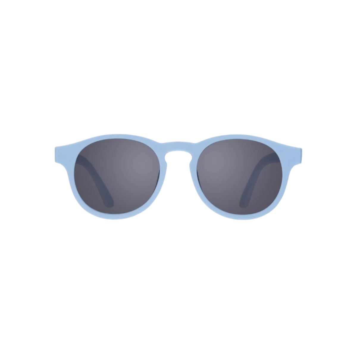 A pair of blue mirrored sunglasses with a round full frame design.