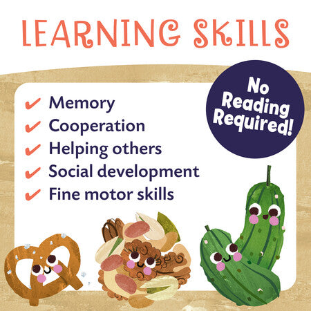 Illustration of cookies and a pretzel with text about learning skills and no reading required.