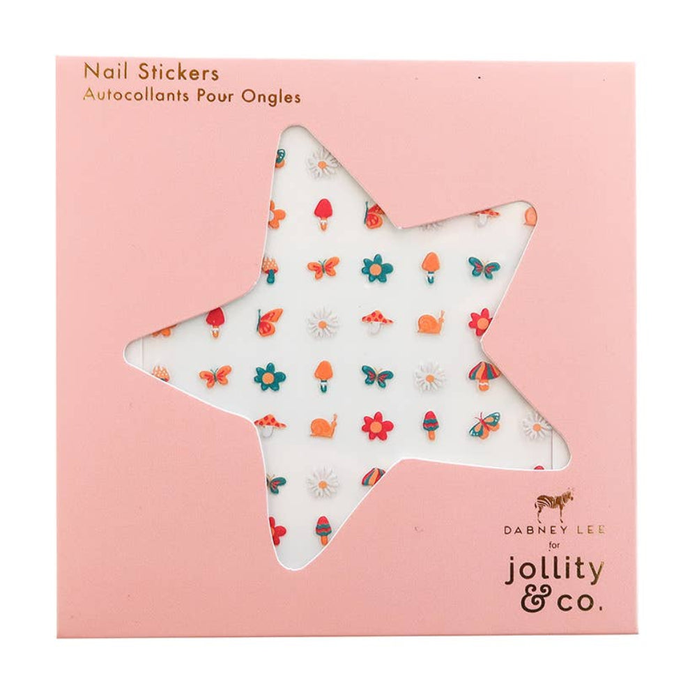 Star-shaped nail sticker with colorful design in a pink box, featuring the brand 'jollity & co'.