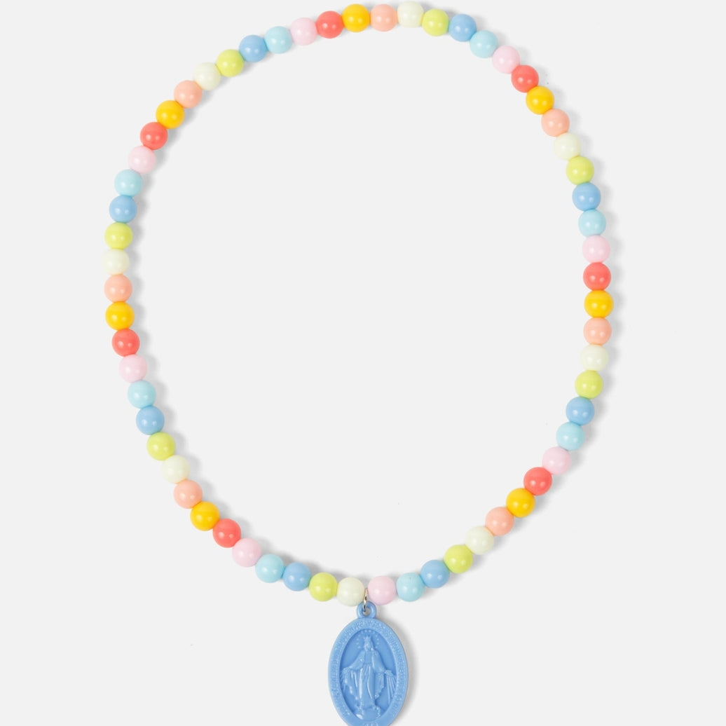 Necklace with pastel beads and a blue pendant on a white background