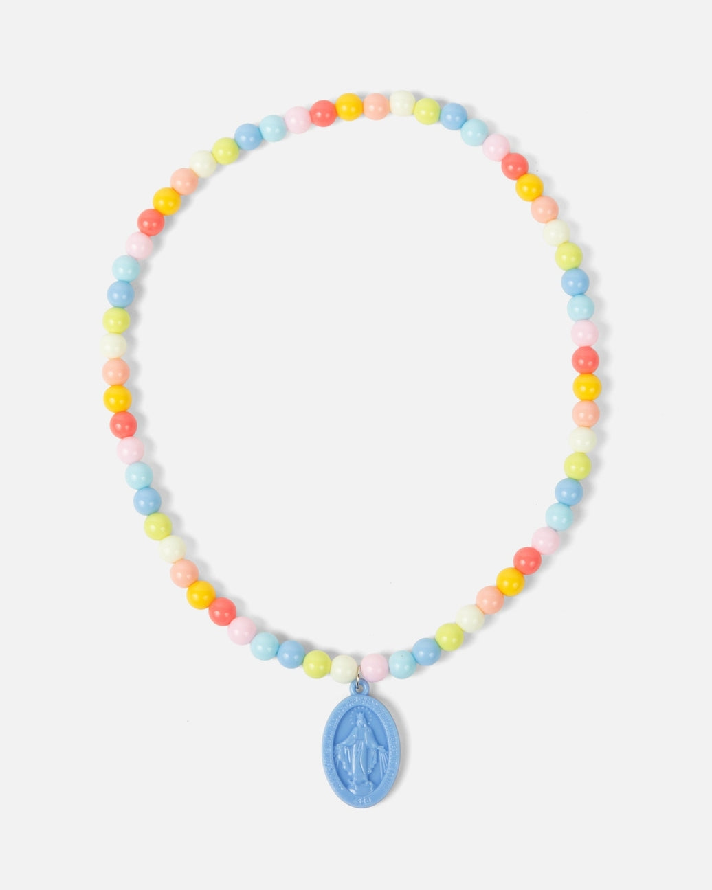 Necklace with pastel beads and a blue pendant on a white background