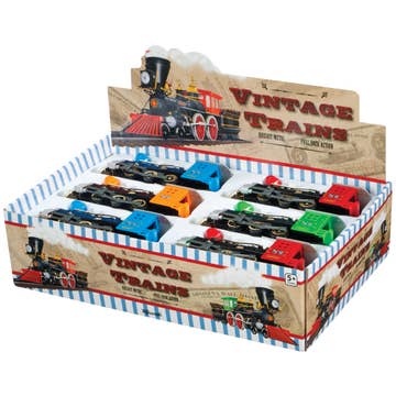 Display box of vintage toy trains with a wooden train illustration on a white background
