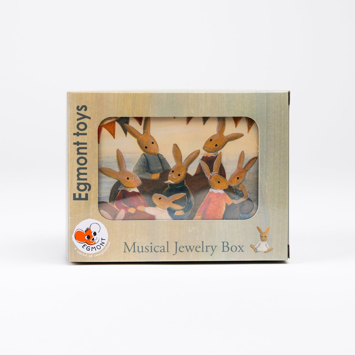 Egmont Toys Musical Jewelry Box in its original packaging, featuring a window view of rabbit characters inside, set against a plain white background.