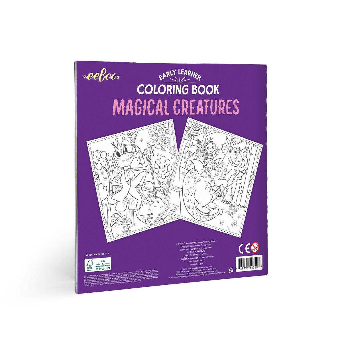 Coloring book for early learners with 'Magical Creatures' theme on a purple cover