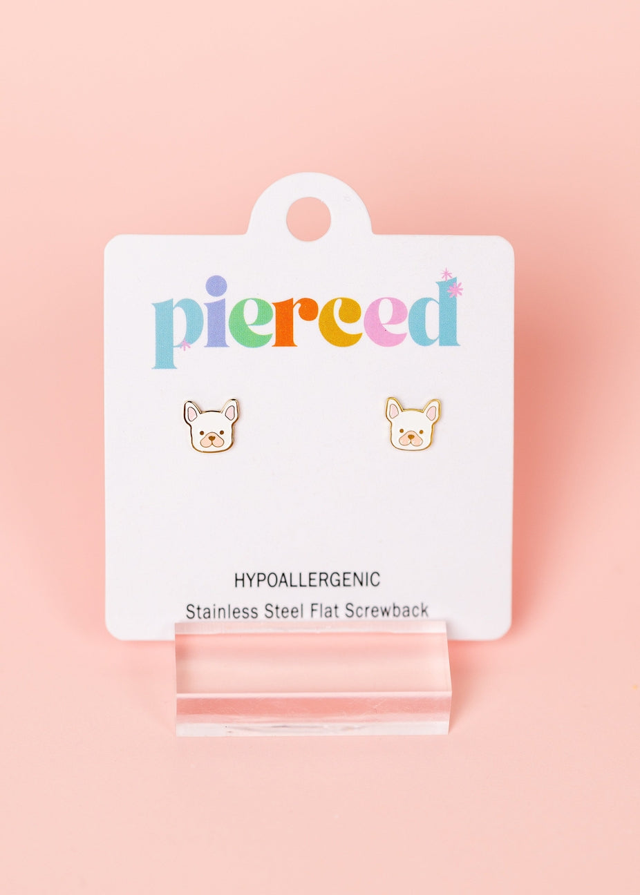 Earring card with bear-shaped earrings on a pink background