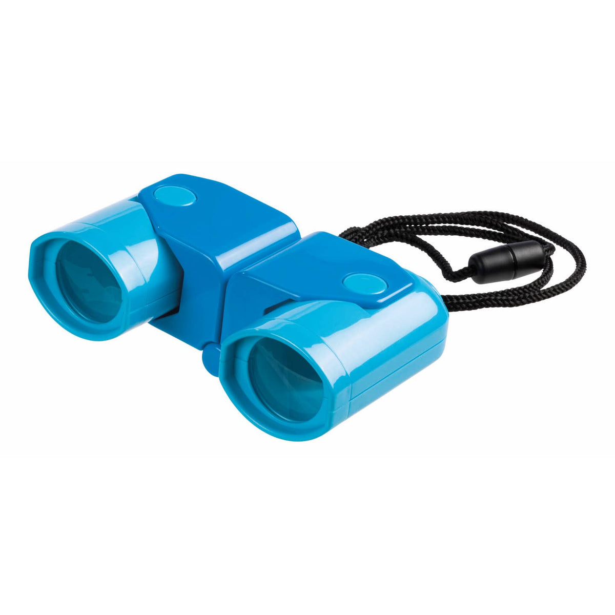 Blue binoculars with a black lanyard on a white background