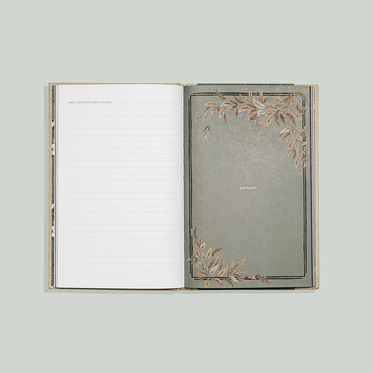 Open book with decorative cover on a light gray background