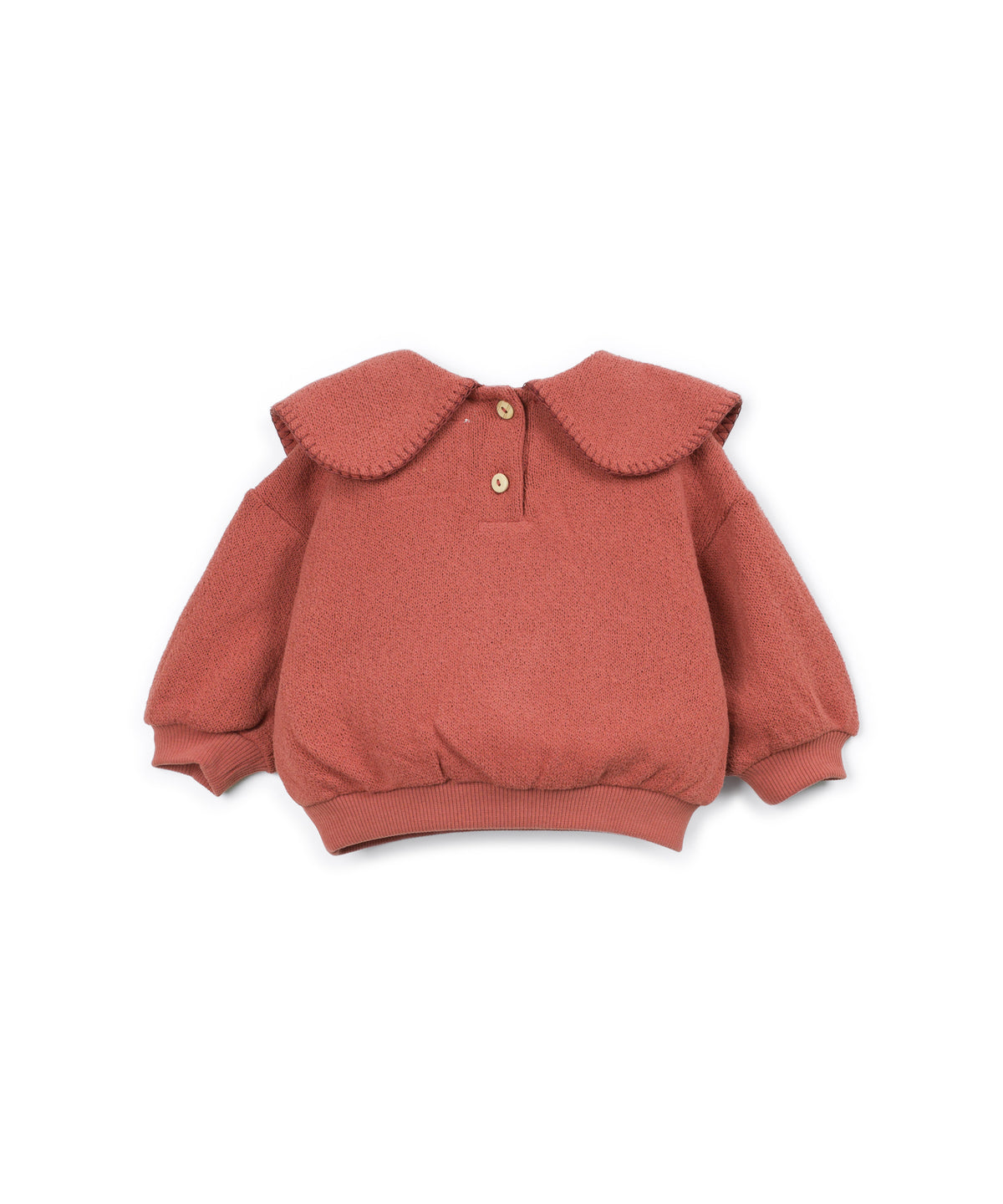 A dusty rose long-sleeve knit top for toddlers, featuring a large, wide scalloped Peter Pan collar and two small decorative buttons at the collar, displayed on a clean white background.