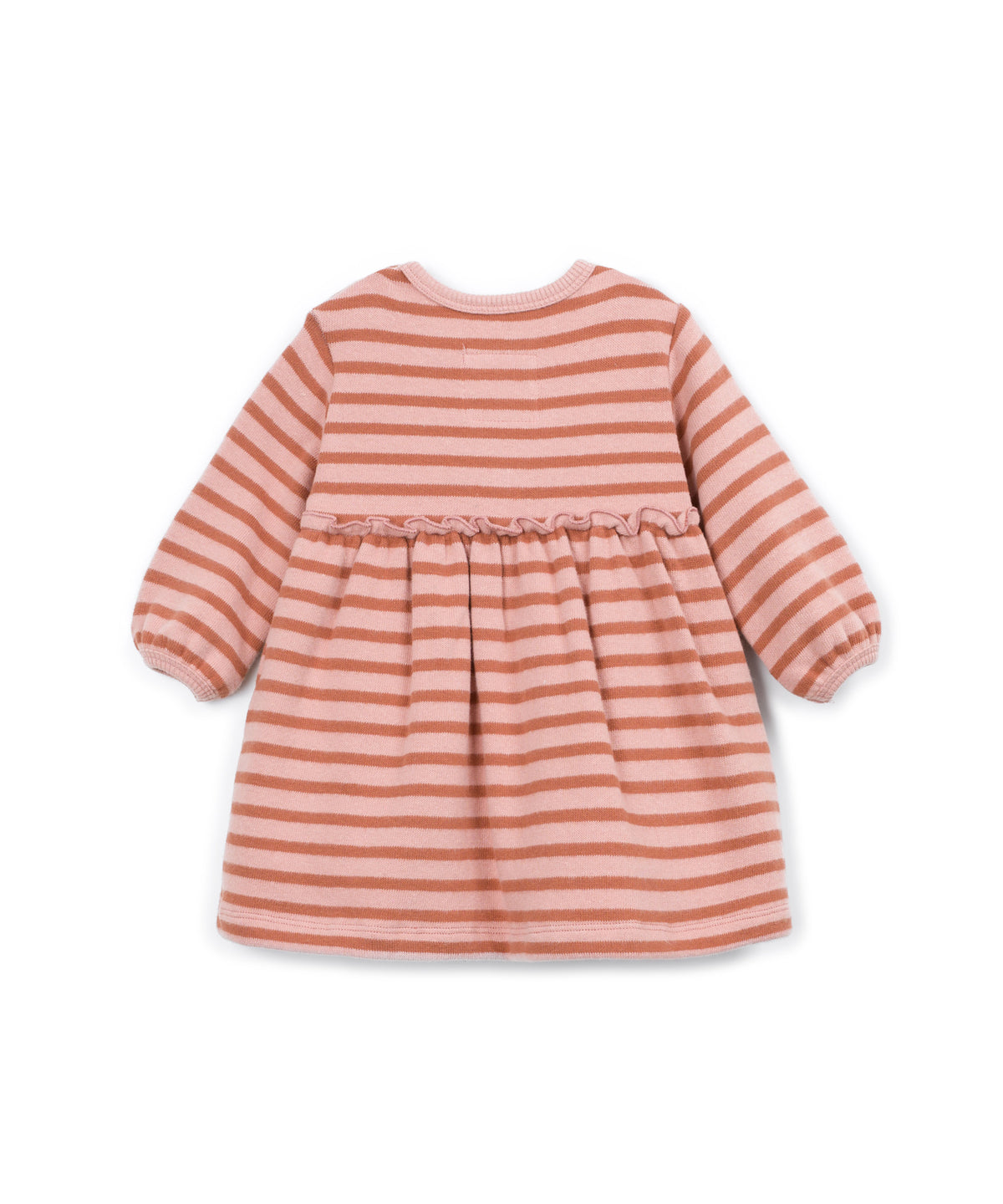 A pink and white/light-pink horizontally striped long-sleeve baby dress with a ruffled waistline.