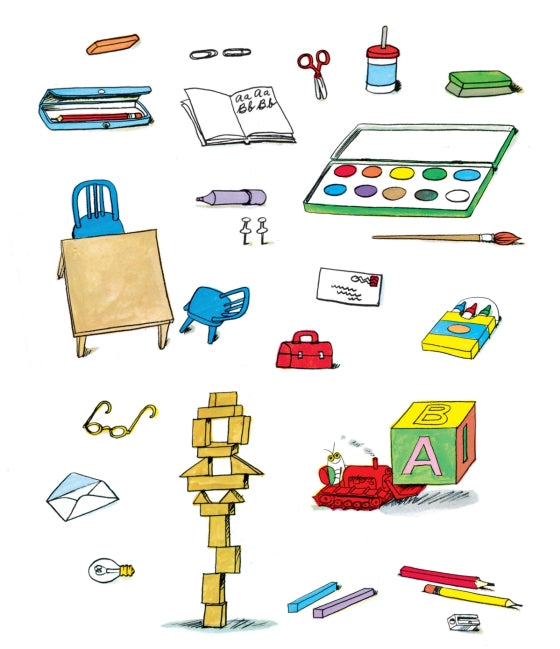 Illustrations of various school supplies on a white background