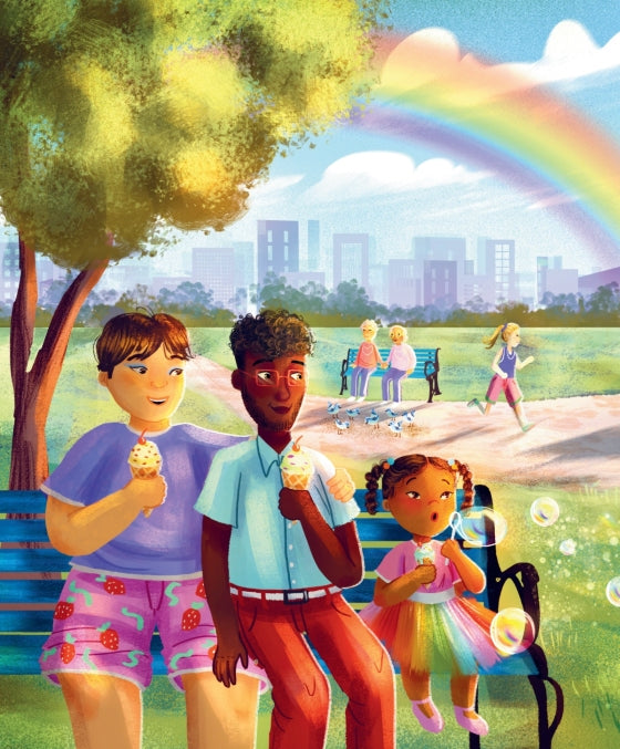 Illustration of children in a park with a rainbow and cityscape in the background