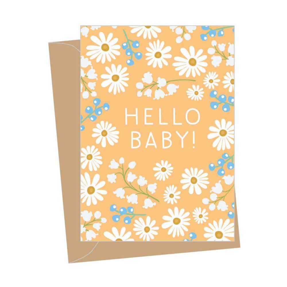 Greeting card with floral design and 'Hello Baby!' text on a white background