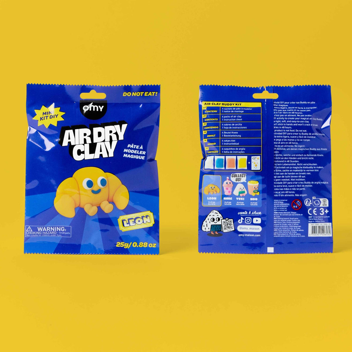 Air dry clay packaging with front and back views on a yellow background