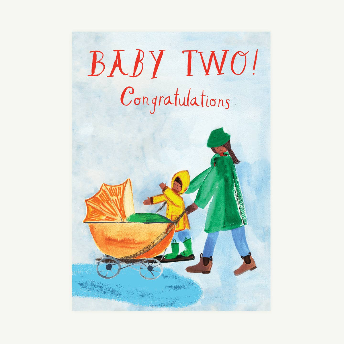 Greeting card with illustration of two children with a baby carriage, text 'Baby Two! Congratulations' on a light blue background.