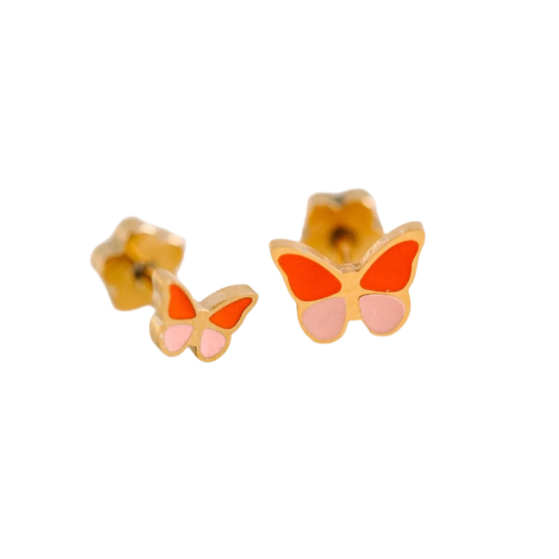 Butterfly-shaped earrings with orange wings and pink bodies on a white background