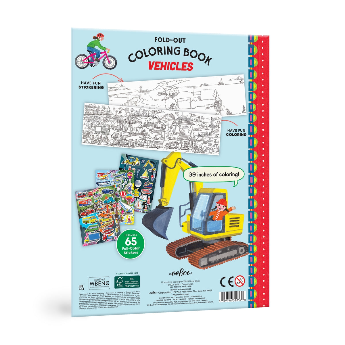 Fold-out coloring book with vehicles on a white background