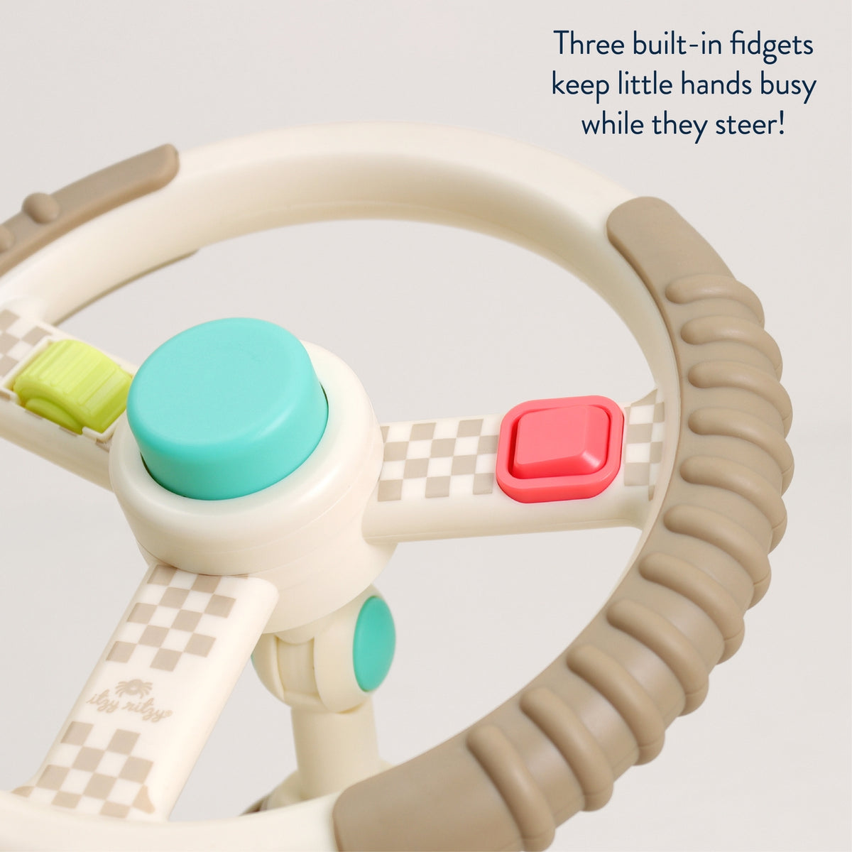 Children's steering wheel toy with colorful buttons on a light gray background