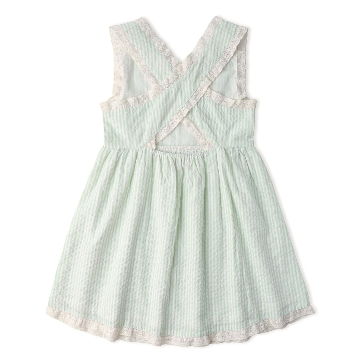 Light green striped dress with lace details on a white background
