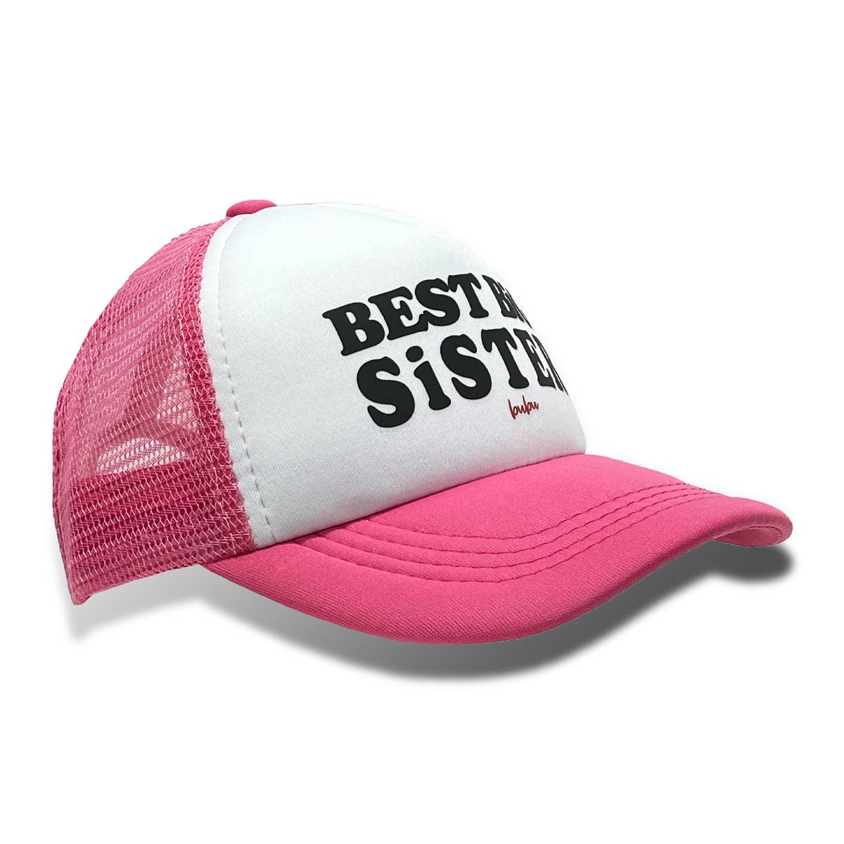 Pink and white cap with 'BESTEST SISTER' text on a white background